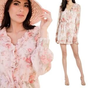 Rachel Parcell Sophia Romper Floral Print Long Sleeve Cinched Waist Pink NEW XL
